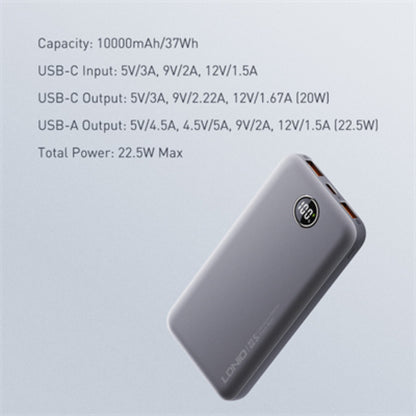 LDNIO PQ10 | 10000mAh Ultra Slim Power Bank, LED Display, Dual USB Output, 22.5W Fast Charging, Travel-Friendly