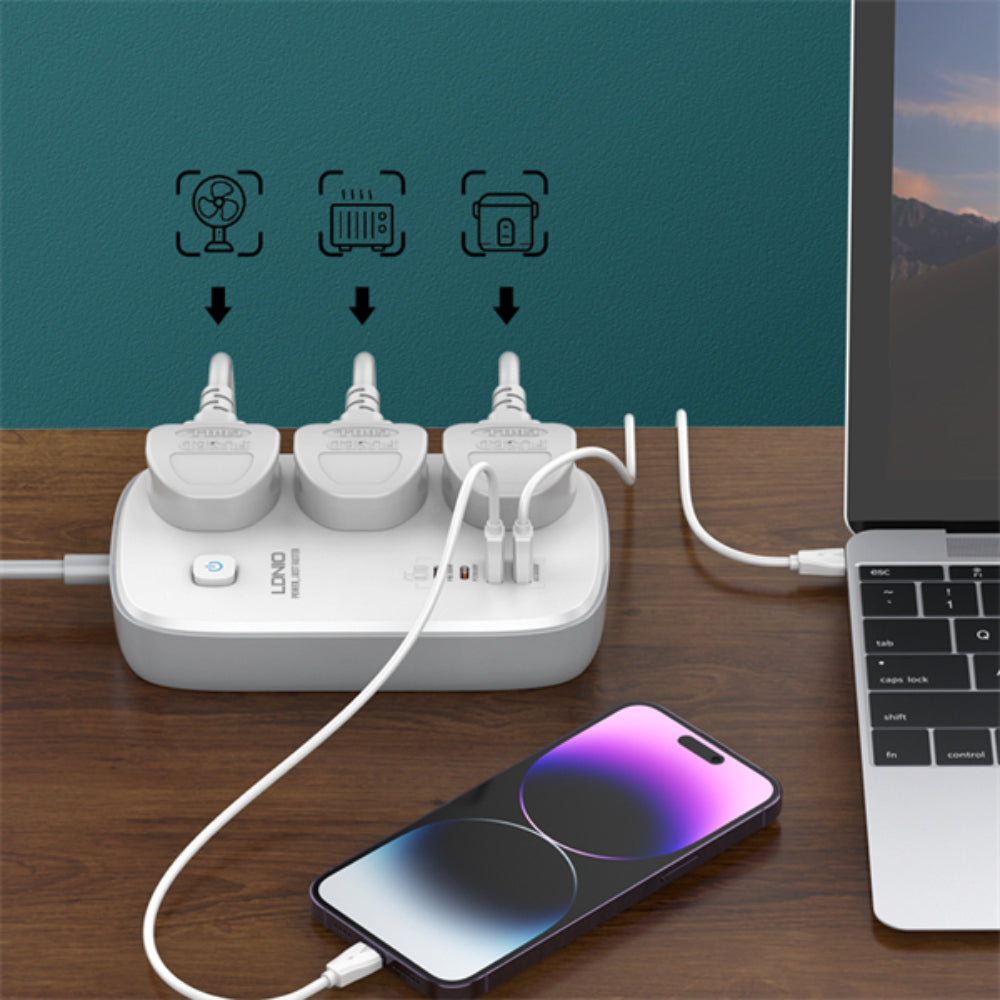 LDNIO SC3416 | 3 AC Outlets Universal Power Strip, 4 GaN USB Ports, 65W Fast Charging, 2500W Output, 2M Cord