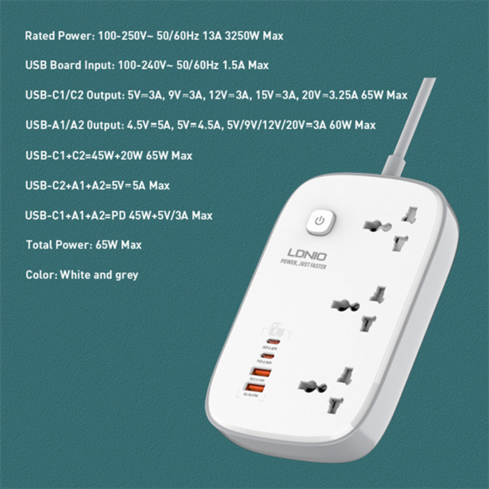 LDNIO SC3416 | 3 AC Outlets Universal Power Strip, 4 GaN USB Ports, 65W Fast Charging, 2500W Output, 2M Cord