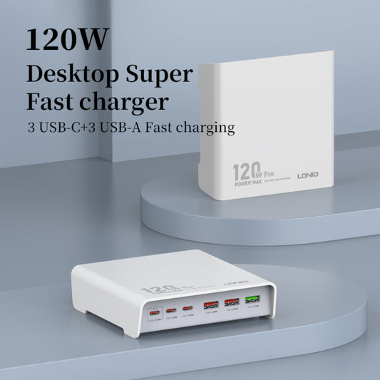 LDNIO Q605 | 120W Multi-Port Desktop Charging Station, 3×USB-C + 3×USB-A, PD3.0 & QC3.0, Universal Plug