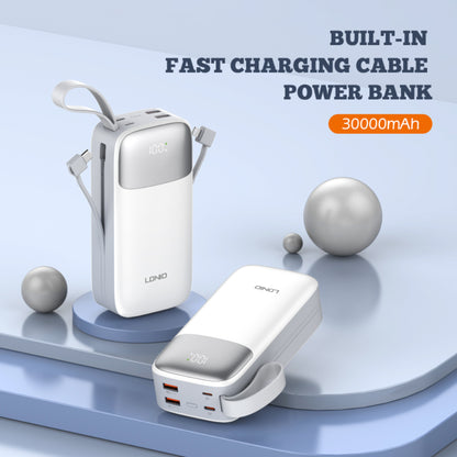 LDNIO PQ30 | 30000mAh Power Bank, 22.5W Fast Charging, Built-in USB-C & Lightning Cables, LED Display