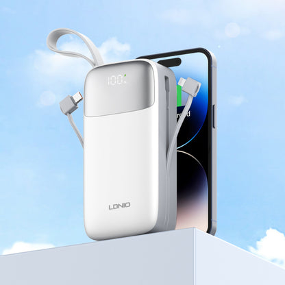 LDNIO PQ30 | 30000mAh Power Bank, 22.5W Fast Charging, Built-in USB-C & Lightning Cables, LED Display