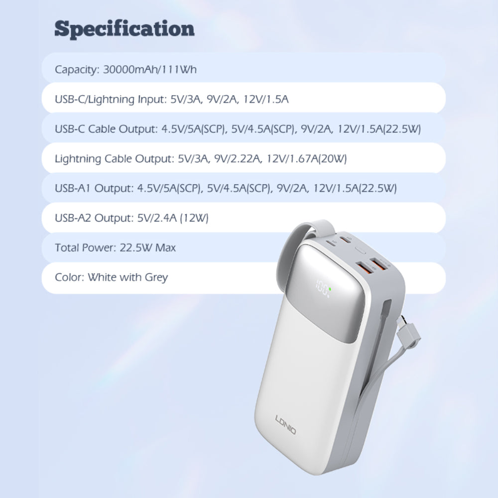 LDNIO PQ30 | 30000mAh Power Bank, 22.5W Fast Charging, Built-in USB-C & Lightning Cables, LED Display