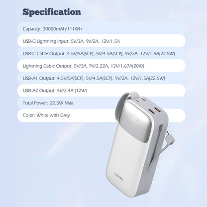 LDNIO PQ30 | 30000mAh Power Bank, 22.5W Fast Charging, Built-in USB-C & Lightning Cables, LED Display