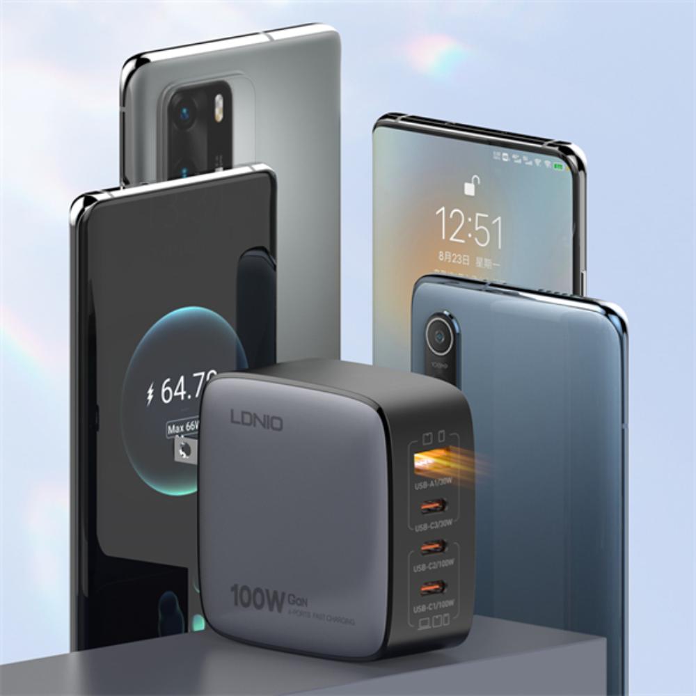 LDNIO Q408 100W GaN Super Fast Charger | 3×USB-C + 1×USB-A | PD & QC Fast Charging | Universal US/UK/EU Plug
