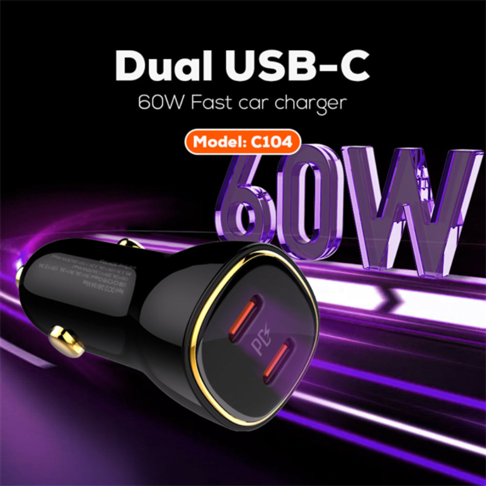 LDNIO C104 | 60W Dual PD Car Charger, 2× USB-C Ports (30W+30W), PD/PPS Fast Charging, Compact Design