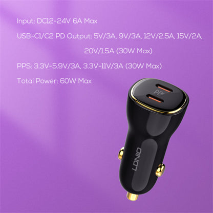 LDNIO C104 | 60W Dual PD Car Charger, 2× USB-C Ports (30W+30W), PD/PPS Fast Charging, Compact Design