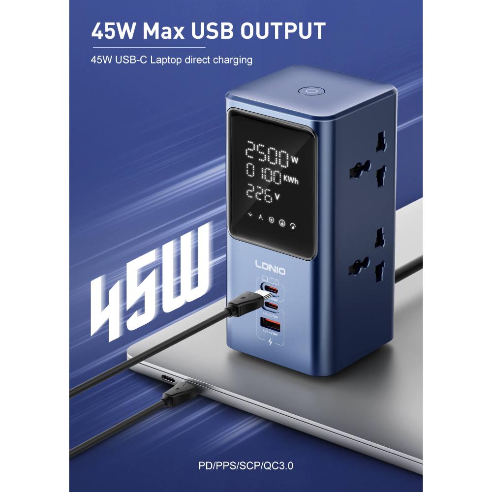 LDNIO SC2 7-in-1 Power Extension | 4 AC Sockets + 2 USB-C + 1 USB-A Fast Charging Power Strip