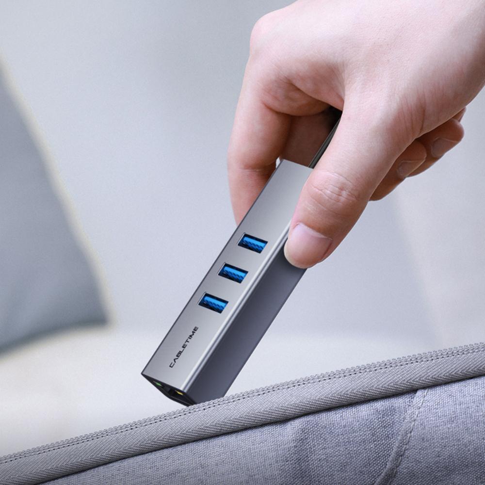 CABLETIME CB55G USB 3.0 3-Port Hub with Gigabit Ethernet Adapter | 5Gbps Data Transfer | RJ45 1000Mbps | For Laptops, PCs & Nintendo Switch