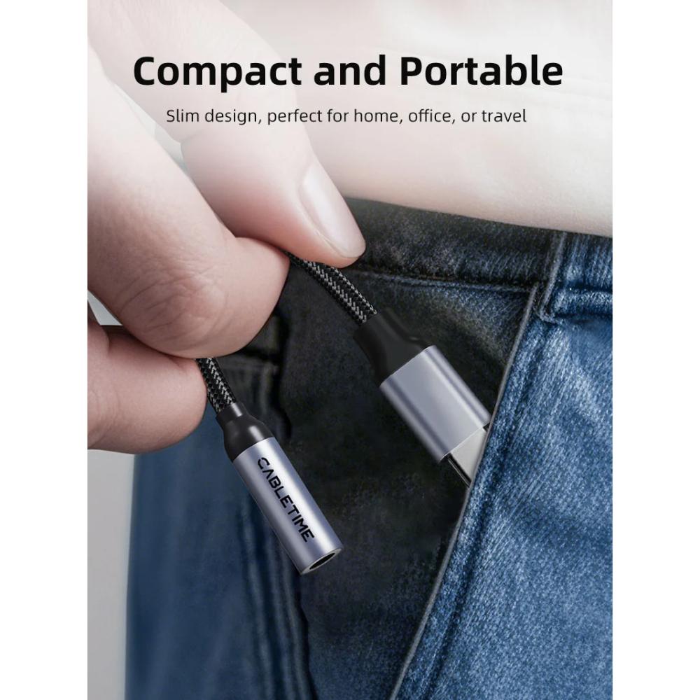 CABLETIME CPA6G USB-C to 3.5mm Audio Adapter | Hi-Fi DAC | Mic & Control Support | Durable Braided Design