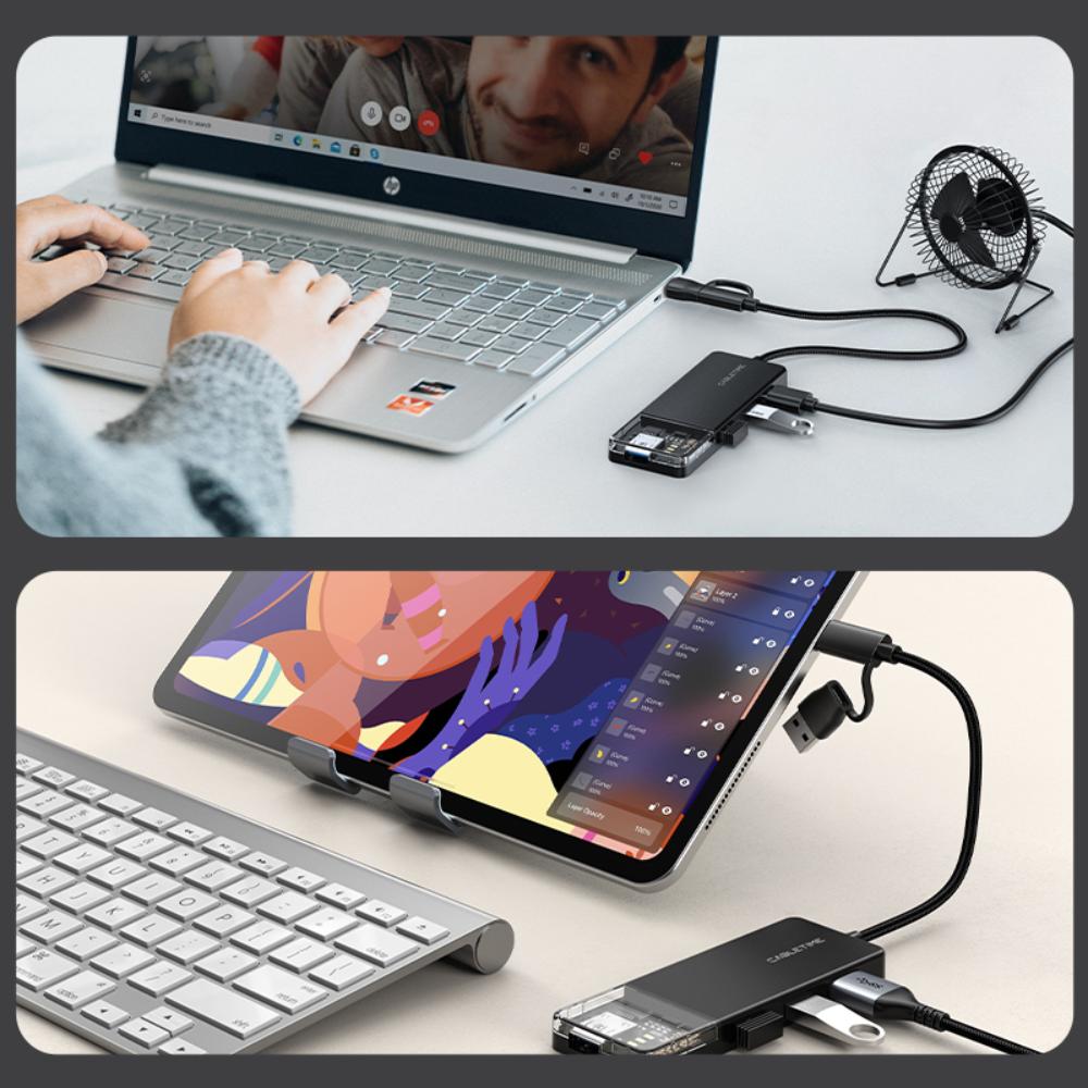 CABLETIME CB03B | USB-C & USB-A to 4-Port USB 3.0 Hub (5Gbps, 5V Power, Transparent Design) | CT-HUBT3-PB