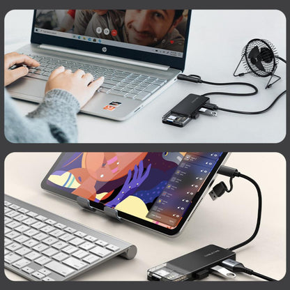 CABLETIME CB03B | USB-C & USB-A to 4-Port USB 3.0 Hub (5Gbps, 5V Power, Transparent Design) | CT-HUBT3-PB