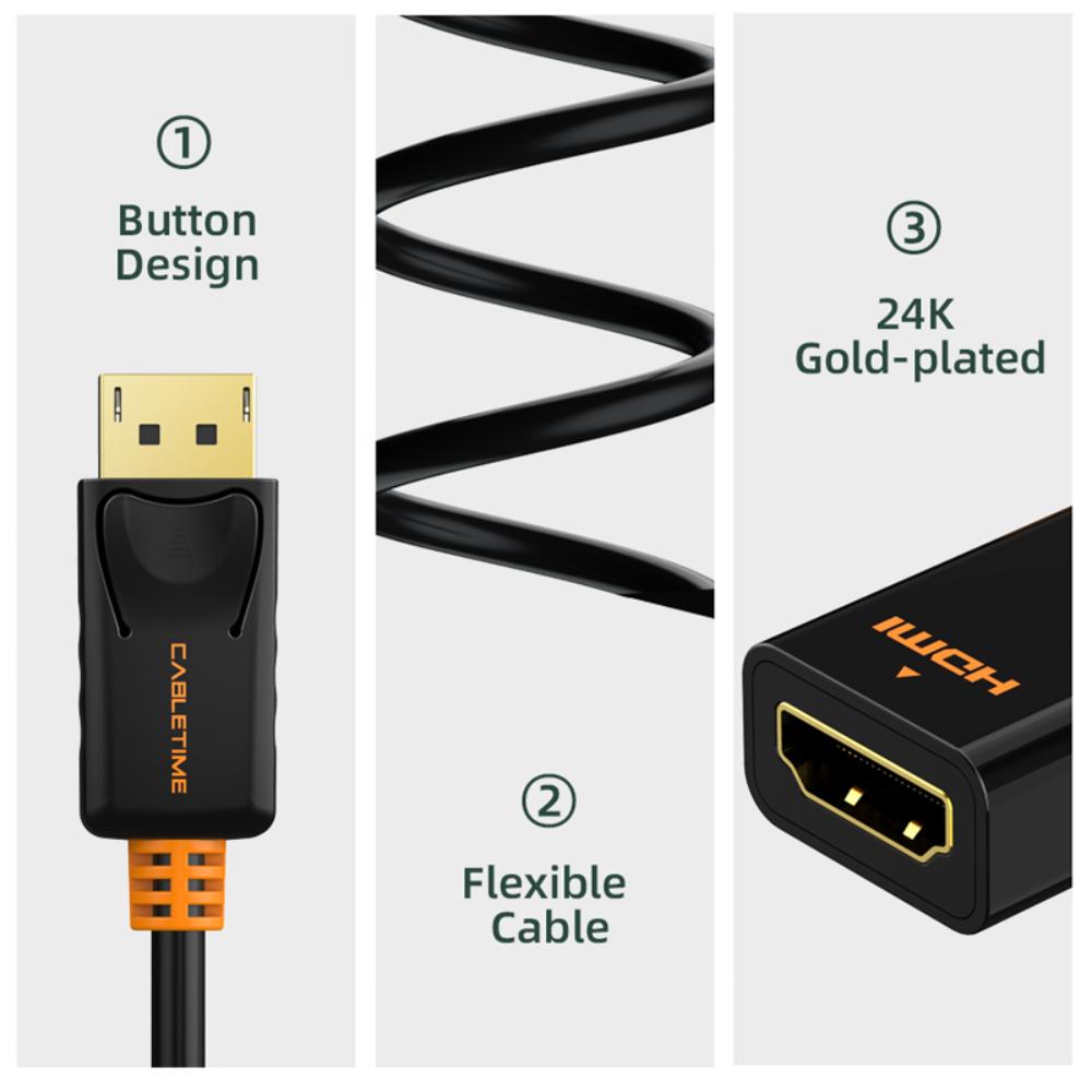 CABLETIME CP22B DP Male to HDMI Female Adapter | 1080p 60Hz | Gold-Plated Connectors | Mirror & Extend Modes | Plug & Play
