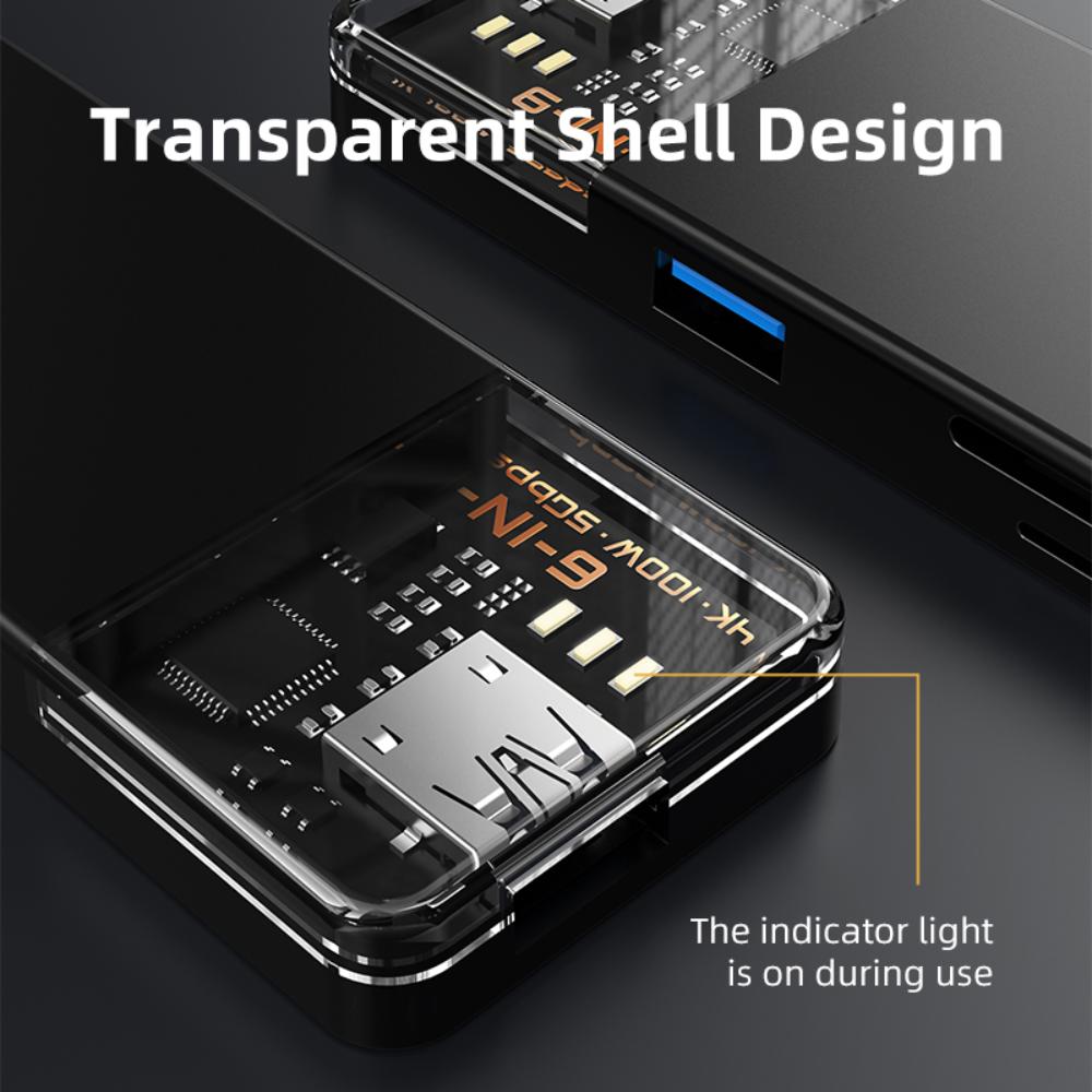 CABLETIME CB04B | 6-in-1 USB-C Multiport Hub (4K HDMI, 100W PD, 5Gbps USB 3.0, SD/TF) | 0.2m Transparent Design