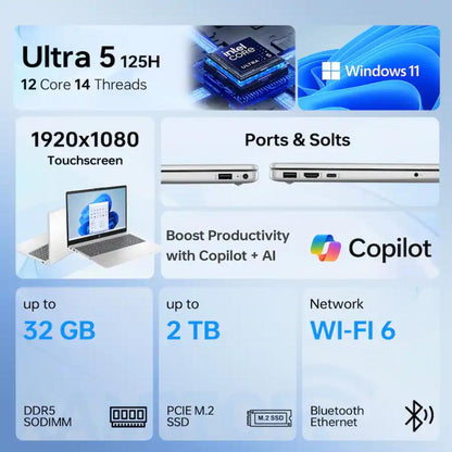 HP 15-FD0154WM Intel Core Ultra 5-125H Laptop | 8GB DDR5 | 512GB SSD | 15.6" FHD Touchscreen | Windows 11 | Silver