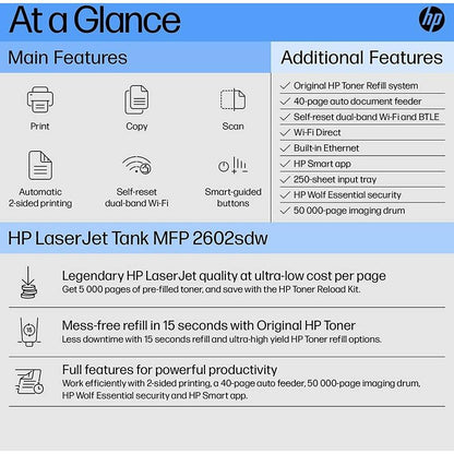 HP LaserJet Tank MFP 2602sdw Printer | Print, Scan, Copy | Auto Duplex | WiFi | ADF