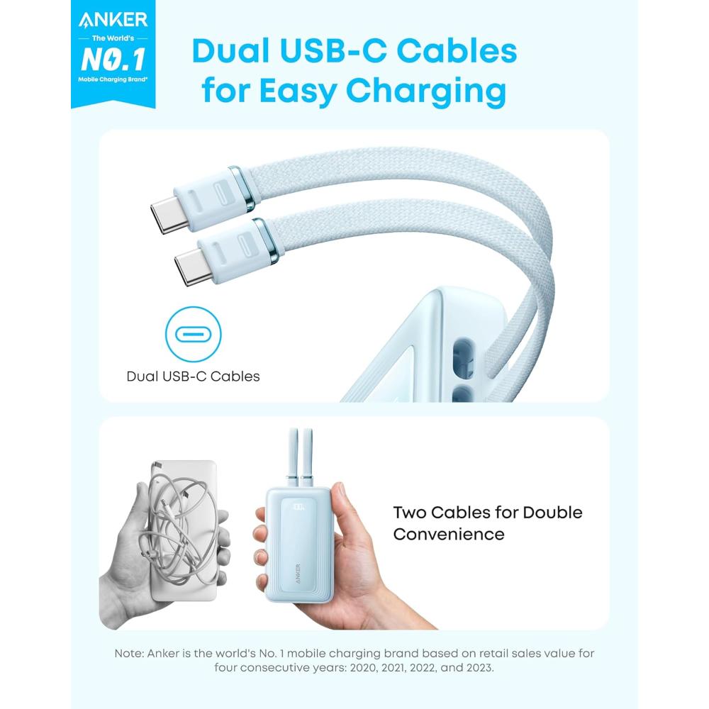 Anker Zolo Power Bank A110M | 20000mAh 45W Fast Charging Power Bank with Dual Built-In USB-C Cables