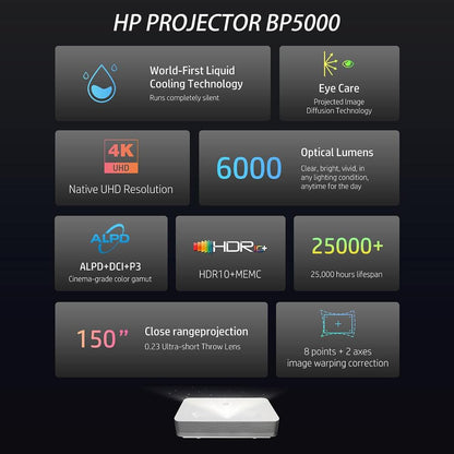 HP BP5000 4K Ultra Short Throw Laser Projector | Native 4K UHD | 2,000 ANSI Lumens | 0.23:1 UST | HDR10 | MEMC | >90% DCI-P3 | 30W Stereo Audio