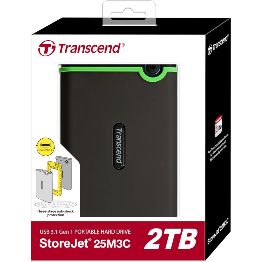 Transcend StoreJet 25M3C | Rugged Portable External Hard Drive | USB 3.1 Gen 1 Type-C, Anti-Shock, One-Touch Backup (2TB / 4TB)