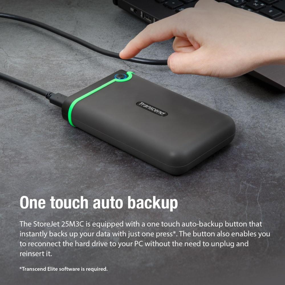 Transcend StoreJet 25M3C | Rugged Portable External Hard Drive | USB 3.1 Gen 1 Type-C, Anti-Shock, One-Touch Backup (2TB / 4TB)