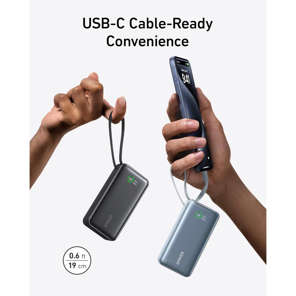 Anker Nano Power Bank A1259 | 10000mAh 30W Fast Charging Power Bank with Built-In USB-C Cable