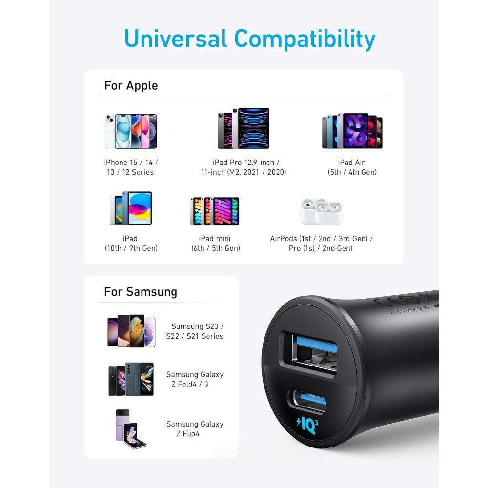 Anker USB-C Car Charger 30W 2-Port with PowerIQ 3.0 | A2741
