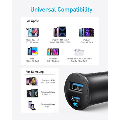 Anker USB-C Car Charger 30W 2-Port with PowerIQ 3.0 | A2741