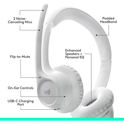 Logitech Zone 300 Wireless Headset | Bluetooth 5.3 | 30mm Drivers | Dual Noise-Canceling Mics | Up to 20 Hours Battery | 30m Wireless Range | USB-C Charging