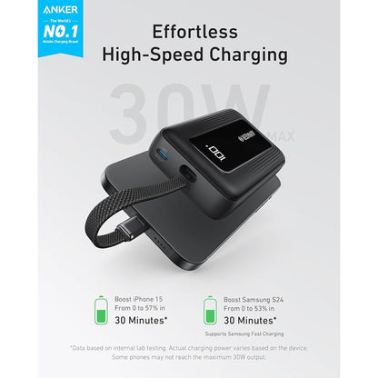 Anker Zolo | 20000mAh Power Bank | Built-In USB-C Cable | 22.5W Fast Charging | Dual-Port Output | Slim Travel Design | For Android, iPhone (via adapter), Tablets, USB-C Devices