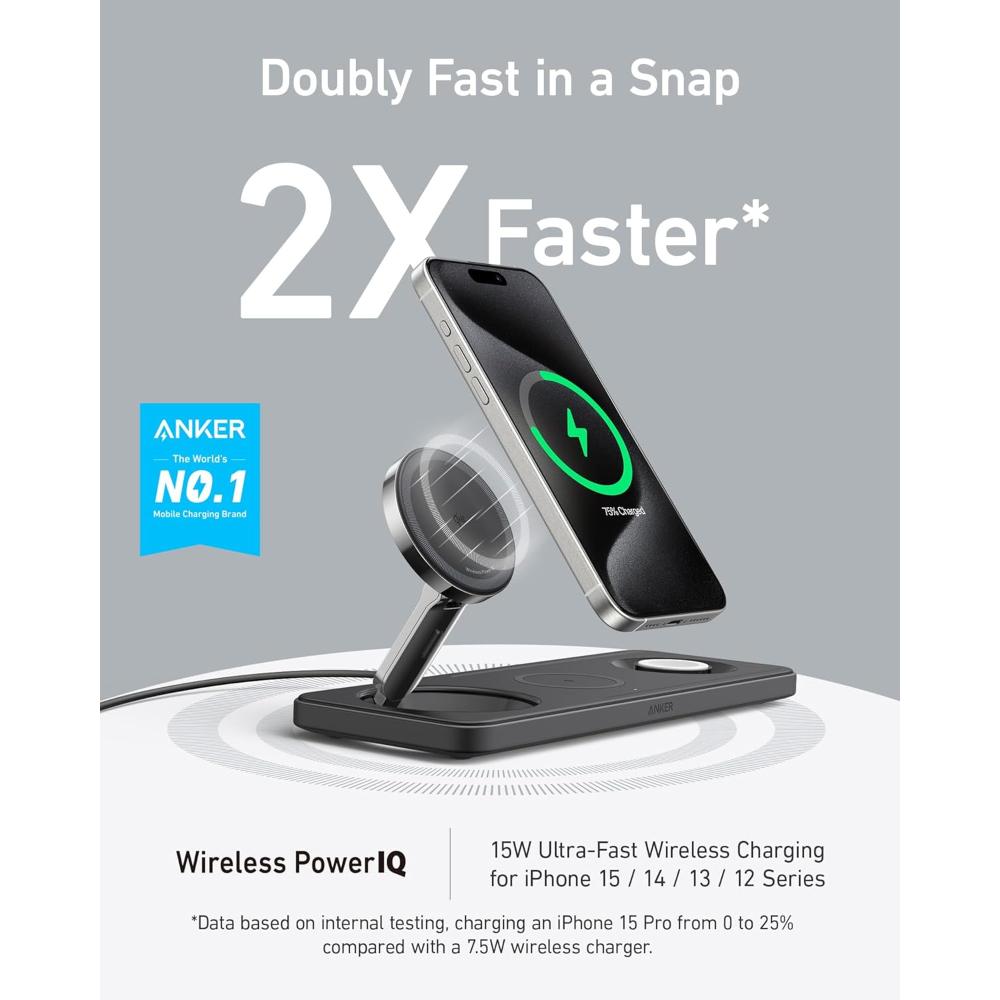 Anker MagGo Wireless Charging Station A25M1 | 3-in-1 Qi2 Magnetic Wireless Charger