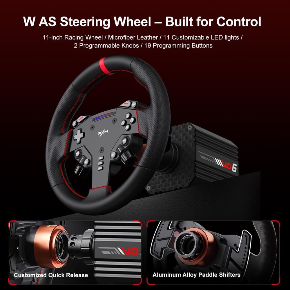 PXN VD6 Bundle Direct Drive Racing Wheel | 6Nm Force Feedback | 11" W AS Wheel | Hall-Effect Pedals | PC Sim Racing Setup