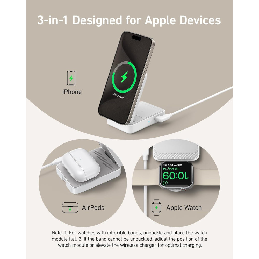 Anker MagGo Wireless Charging Station (Foldable 3-in-1) B2557 | 15W Qi2 Magnetic Wireless Charger for iPhone, Apple Watch & AirPods