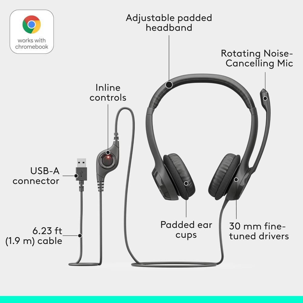 Logitech H390 USB Computer Headset | Noise-Canceling Microphone | Digital Stereo Audio | USB-A/USB-C