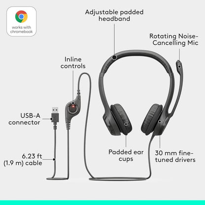 Logitech H390 USB Computer Headset | Noise-Canceling Microphone | Digital Stereo Audio | USB-A/USB-C