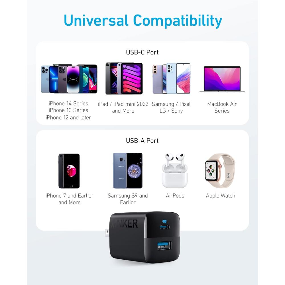 Anker 323 Charger A2331 | 33W USB-C + USB-A Fast Wall Charger | Dual Port Compact Charger
