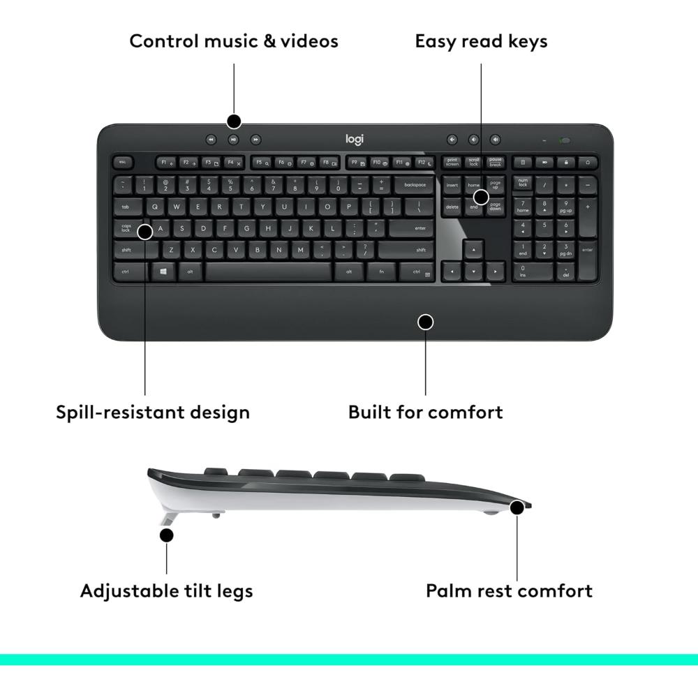Logitech MK540 Advanced Wireless Keyboard & Mouse Combo | Full-Size Keyboard | Wireless USB Receiver | Comfortable Typing