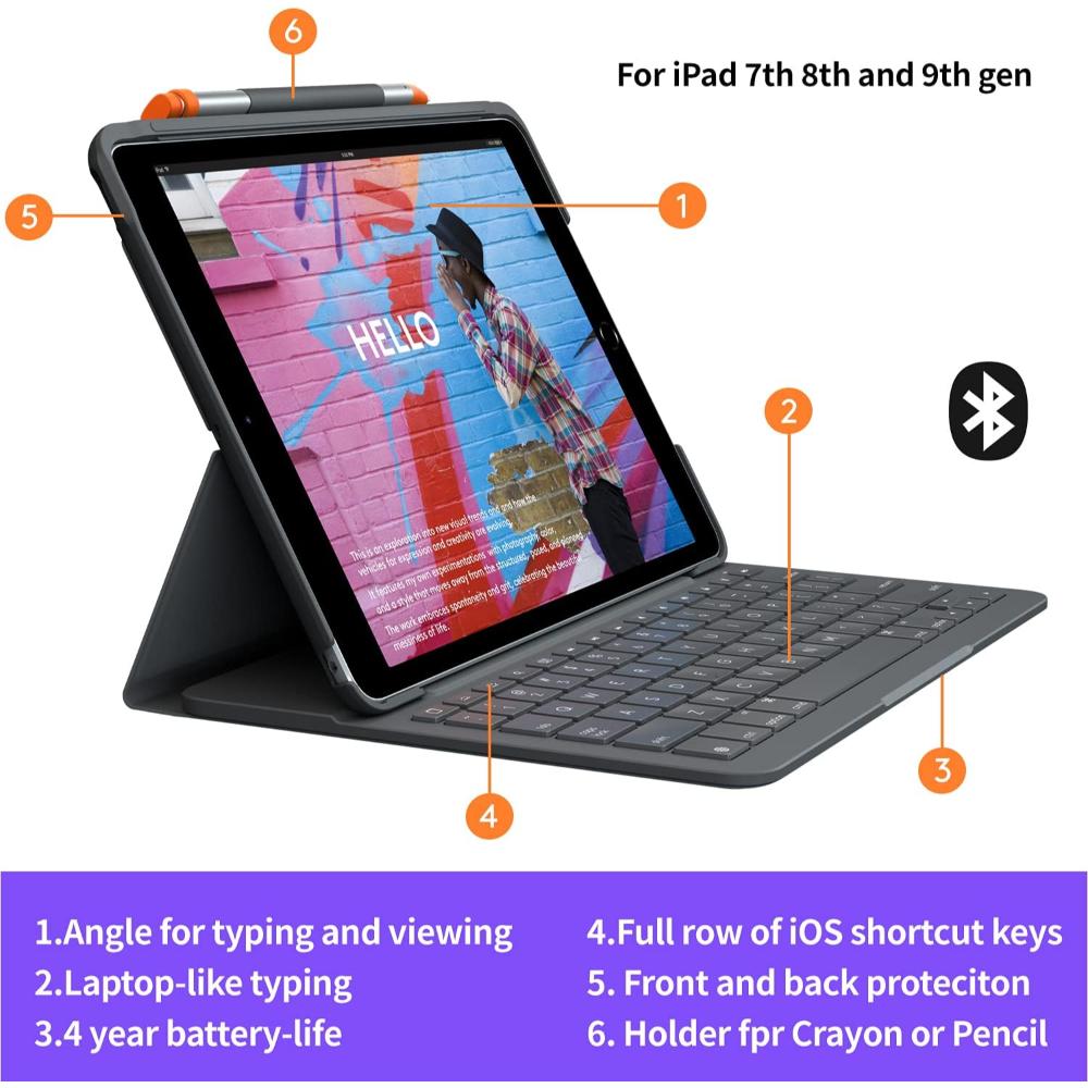 Logitech Slim Folio Keyboard & Case for iPad 10.2-inch | 7th, 8th & 9th Gen | Bluetooth Keyboard | 3-Year Battery Life | 3 Viewing Modes | English Layout