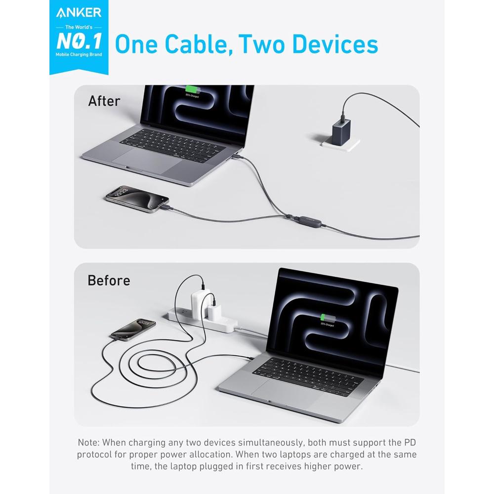 Anker 140W 2-in-1 USB-C to USB-C Cable A8895 | Braided Dual Device Fast Charging Cable