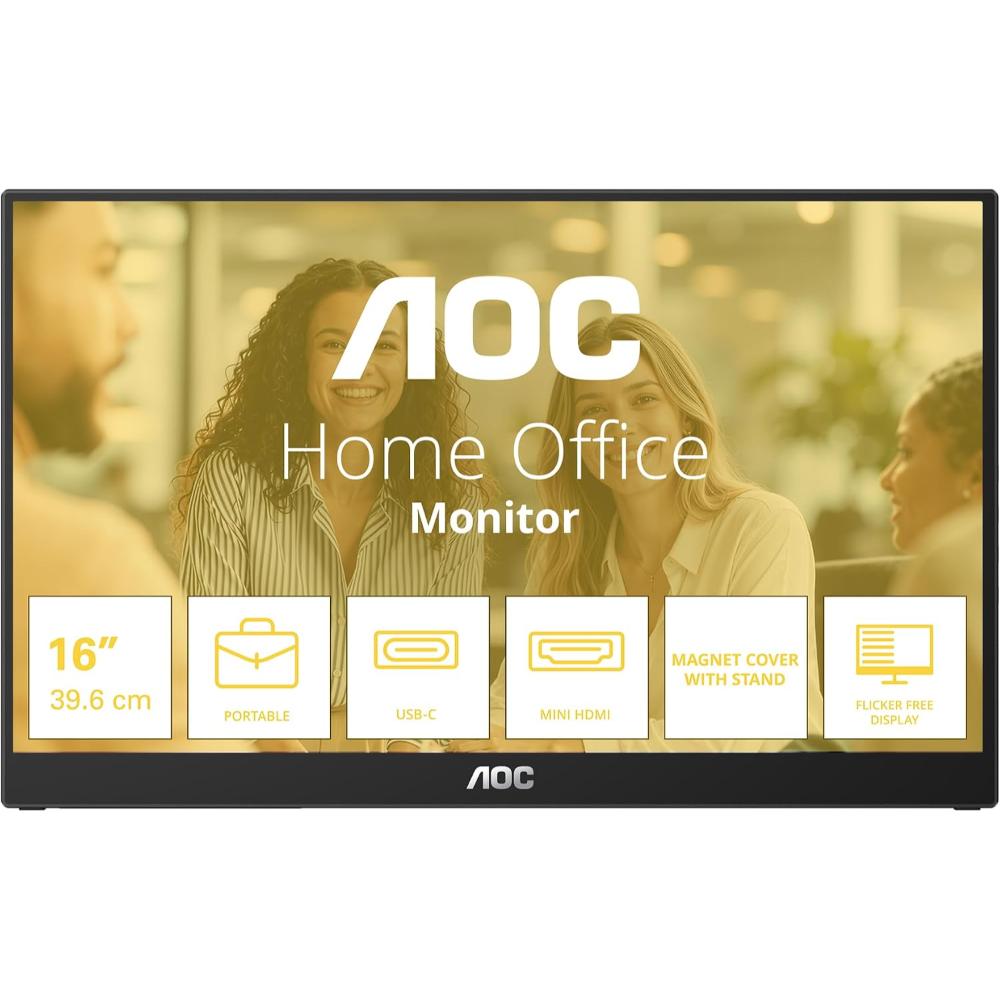 AOC 16T3FE 15.6-Inch FHD IPS Portable Monitor | 60Hz | 0.3ms Response Time | Built-in Speakers | USB Hub | HDMI | Mini HDMI