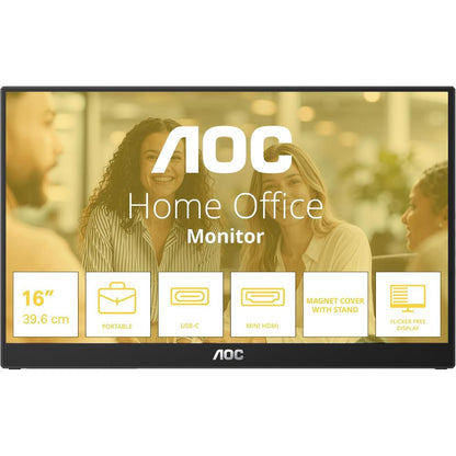 AOC 16T3FE 15.6-Inch FHD IPS Portable Monitor | 60Hz | 0.3ms Response Time | Built-in Speakers | USB Hub | HDMI | Mini HDMI