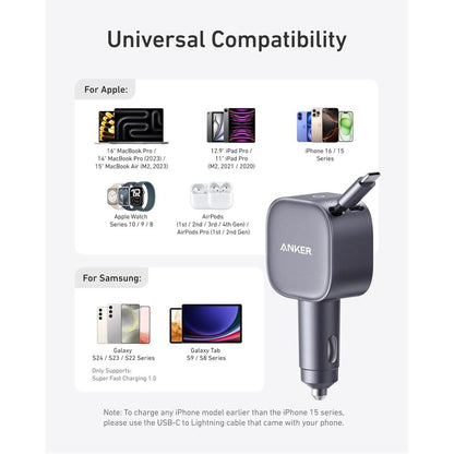 Anker Nano 75W Car Charger A2738P A2 | 75W Fast Car Charger with Built-In Retractable USB-C Cable