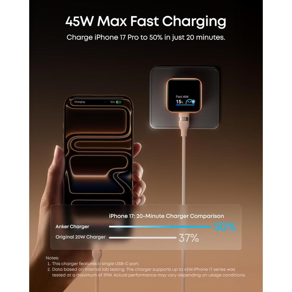 Anker Nano Charger (45W, Smart Display, 180° Foldable) A121D | Compact Fast Wall Charger with LED Display