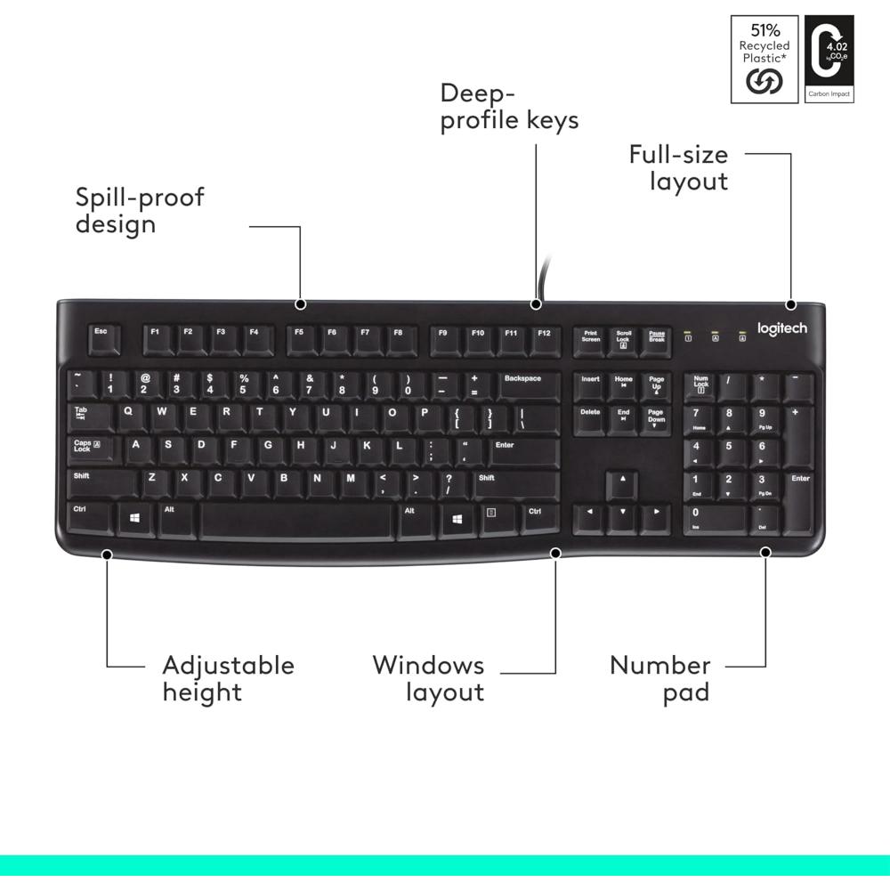 Logitech K120 USB Wired Keyboard | Full-Size Keyboard with Numeric Keypad | Spill-Resistant | Plug-and-Play USB | Black
