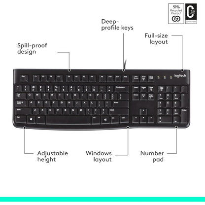 Logitech K120 USB Wired Keyboard | Full-Size Keyboard with Numeric Keypad | Spill-Resistant | Plug-and-Play USB | Black