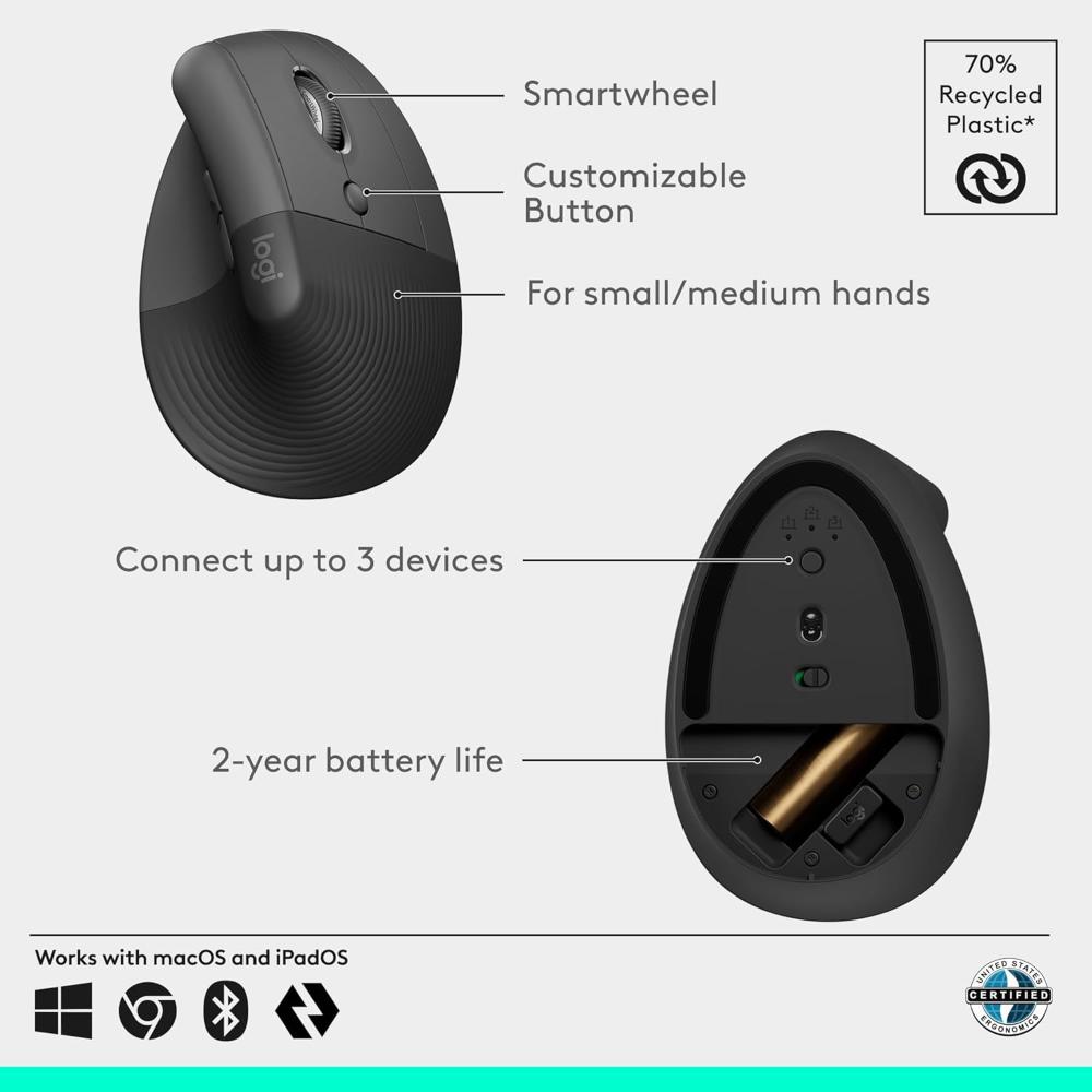Logitech Lift Vertical Ergonomic Wireless Mouse | 57° Ergonomic Design | Bluetooth + Logi Bolt USB | 4000 DPI | SilentTouch | 24-Month Battery