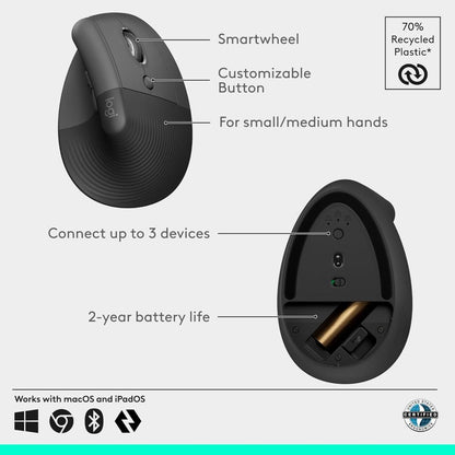 Logitech Lift Vertical Ergonomic Wireless Mouse | 57° Ergonomic Design | Bluetooth + Logi Bolt USB | 4000 DPI | SilentTouch | 24-Month Battery