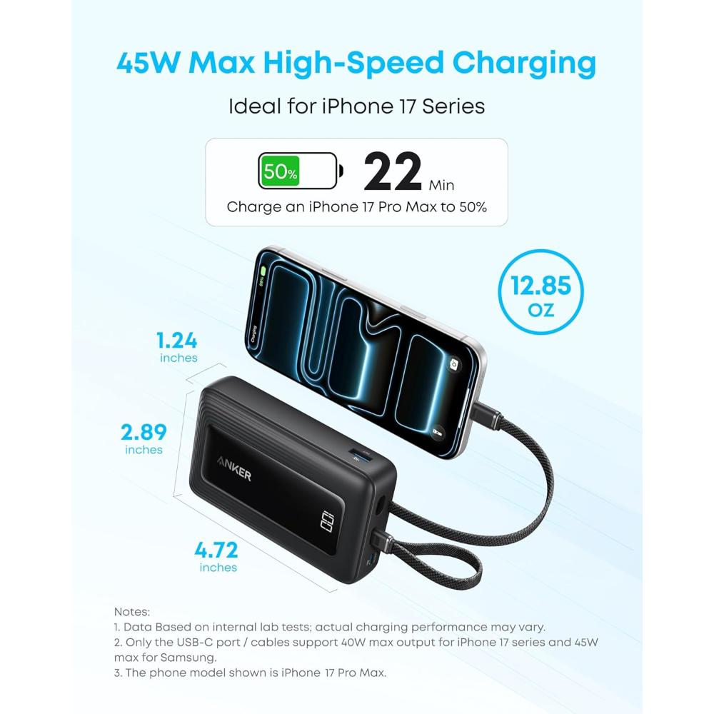 Anker Zolo Power Bank A110M | 20000mAh 45W Fast Charging Power Bank with Dual Built-In USB-C Cables