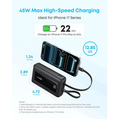Anker Zolo Power Bank A110M | 20000mAh 45W Fast Charging Power Bank with Dual Built-In USB-C Cables