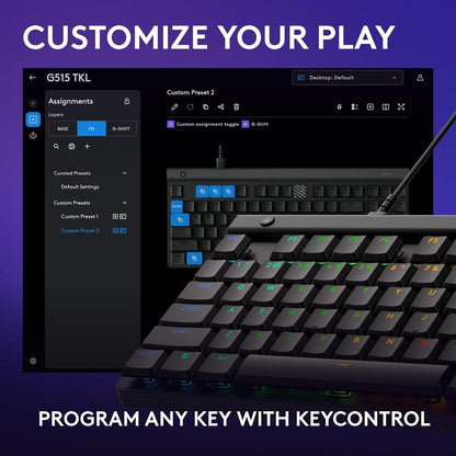 Logitech G515 TKL Wired Low Profile Gaming Keyboard | GL Mechanical Switches | TKL 87 Keys | RGB | 1.3mm Actuation | PBT Keycaps | 1.8m USB Cable