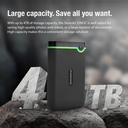 Transcend StoreJet 25M3C | Rugged Portable External Hard Drive | USB 3.1 Gen 1 Type-C, Anti-Shock, One-Touch Backup (2TB / 4TB)